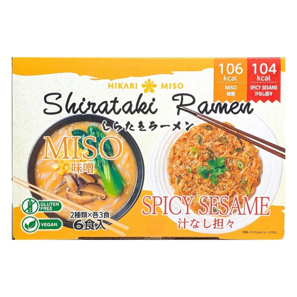 ひかり味噌 しらたきラーメン 6食アソート ヴィーガン グルテンフリー こんにゃく麺 米粉入り 味噌ラーメン 汁なし担々麺 各3食 低糖質 ダイエット 糖質制限 夜食 ヘルシー 常温保存 （味噌ラーメン×3食、汁なし担々麺×3食） 麺類  詰め合わせ [賞味期限：2026年11月まで]