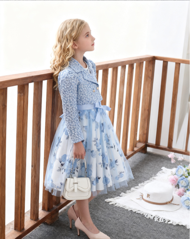 子供ドレス ピアノ発表会 ボレロ ジャケット+ワンピース　キッズ ブルー （110-160CM）パープル　ピンク 七五三 ロング パーティー プリンセス ウエディング 中学生 誕生日 入園式 入学式 演奏会 フラワーガール ギフト　花柄フォーマル２点セット　特別な日を華やかに彩る