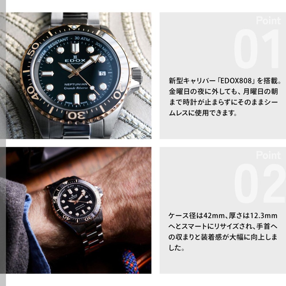 エドックス EDOX ネプチュニアン グランデ リザーブ デイト オートマティック 腕時計 メンズ 自動巻き ダイバーズウォッチ 80801-3NRM-NIR NEPTUNIAN