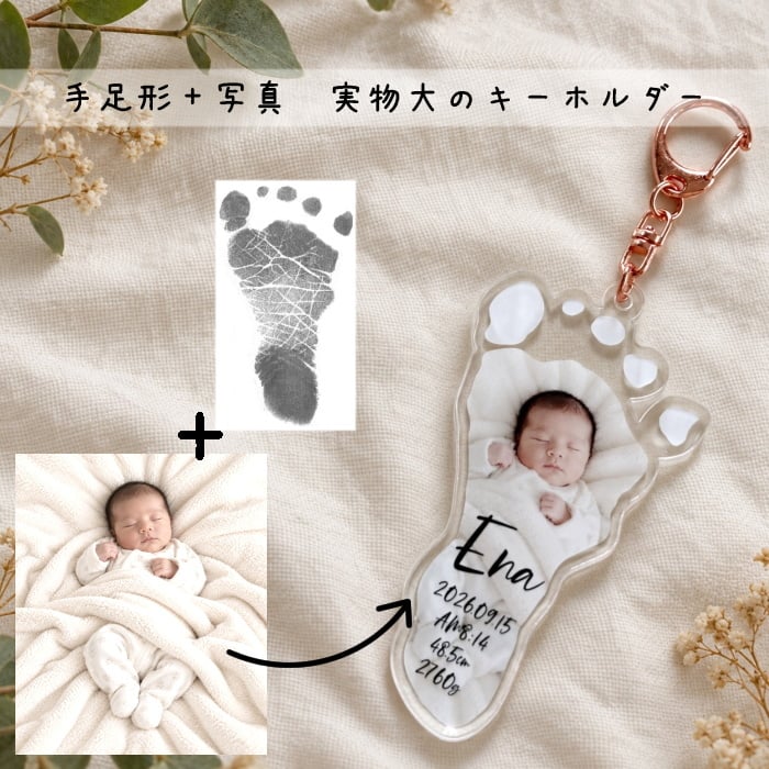 実物大【２点目~ 500円OFF】赤ちゃんの手形・足形キーホルダーフォトプリント　　名入れ 内祝い 出産記念 写真 敬老の日 父の日 母の日 誕生日 ギフト プレゼント 男の子 女の子 御祝 記念 送料無料 オーダーメイド 生年月日 可愛い
