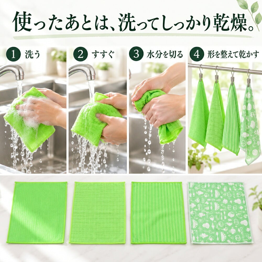キッチンクロス 4枚セット 大判 30×30cm キッチンタオル 水切りタオル ふきん 吸水 食器拭き 台拭き おしゃれ くすみカラー グリーン まとめ買い