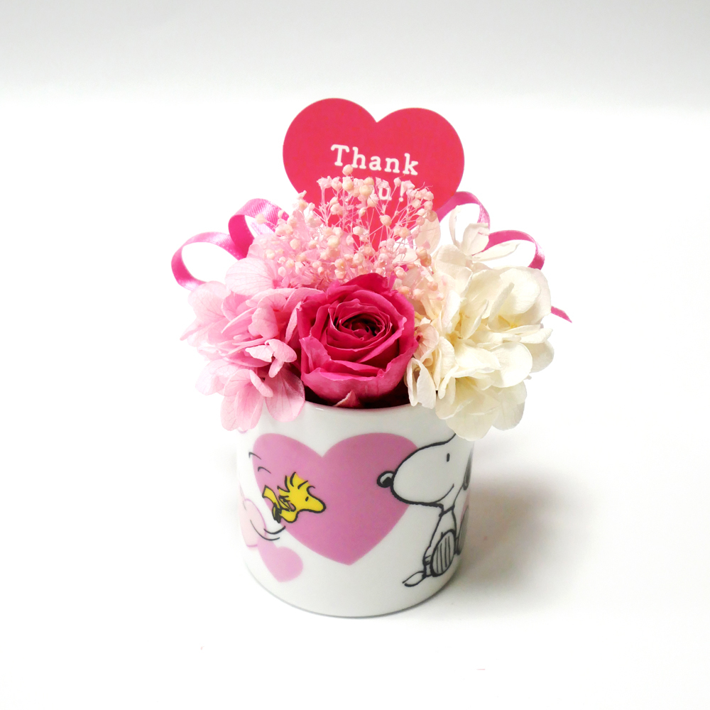 【公式ライセンス商品】スヌーピーハートミニカップピンク（Thank you・Happy Birthday・Congratulations) / プリザーブドフラワー 花 お花 フラワー フラワーギフト キャラ スヌーピー かわいい 雑貨 インテリア プレゼント ギフト 母の日 誕生日 記念日 お祝い