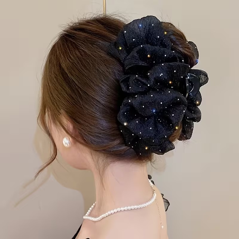 ヘアクリップ しっかり留まる シュシュ シフォン バンスクリップ 髪留め ロングヘア 大 バレッタ バンス ヘアアクセサリー 大人 シンプル 大きい おしゃれ かわいい ホワイト ブラック トレンド ガーリー 落ちにくい 大きめ ボリューム