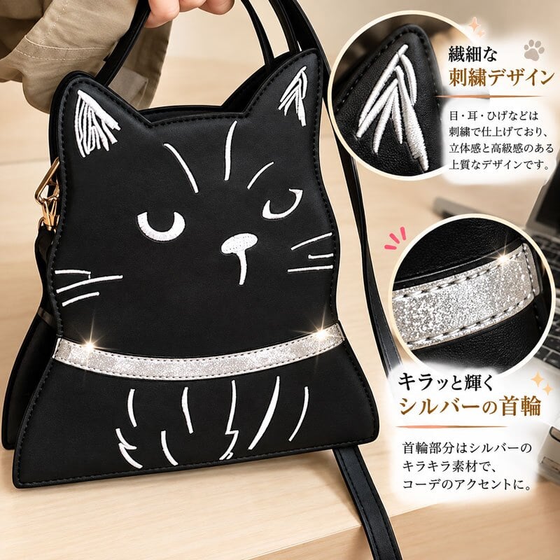 ショルダーバッグ 猫 バッグ スマホショルダー レディース ねこ ネコ 猫柄 刺繍 ミニバッグ 斜めがけ 軽量 2WAY ハンドバッグ 肩掛け 小さめ 大人 かわいい おしゃれ 個性的 黒 ブラック 猫雑貨 プレゼント ギフト 高級感 猫 マチ有 猫雑貨 トート 黒猫