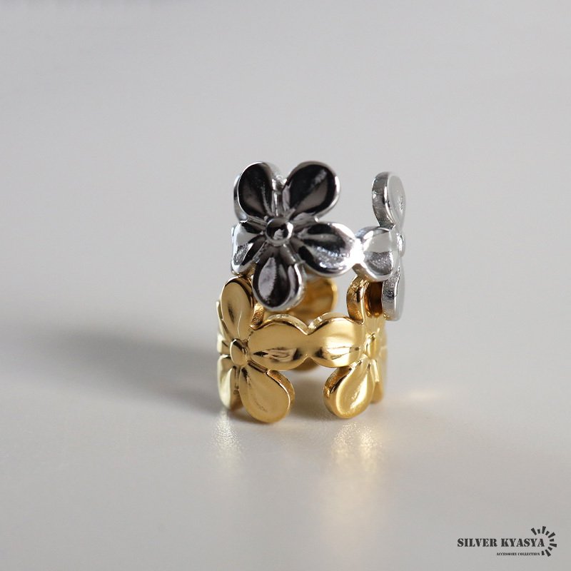 ステンレス フラワーイヤーカフ お花イヤーカフ シンプル かわいい 透かし メタル ゴールド 18KGP シルバー 片耳1点 プチプラ 耳の穴不要 痛くない レディース 女性 金属アレルギー対応フェイクピアス ノンホール イヤリング