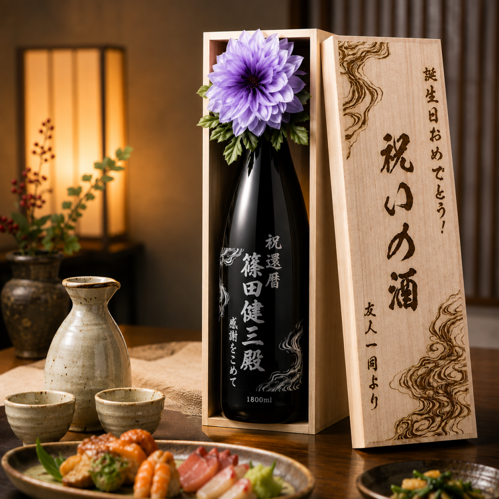 敬老の日 退職 名入れ SXX 酒 朝日酒造 久保田 千寿 吟醸 1800ml コサージュ付 木箱入り / プレゼント ギフト 退職 記念 誕生日 還暦 古希 傘寿 米寿 緑寿 早寿 長寿 祝い 男性 上司 一升瓶