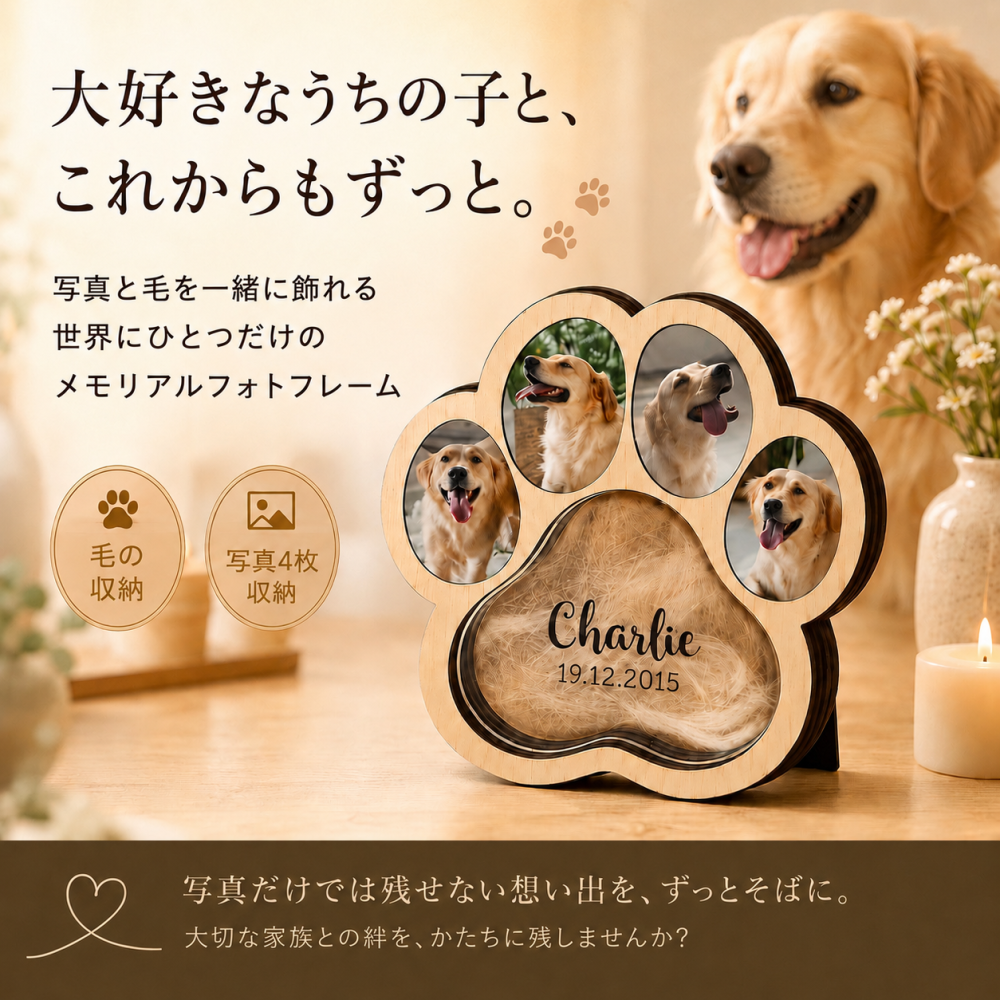 パグ 毛入りフォトフレーム ペットメモリアル 愛犬の毛 保存グッズ 肉球デザイン 写真立て 思い出の品 オーダーメイド ペットの遺毛 メモリアルグッズ 愛犬家 パグ好き 犬好き 短頭種 ペット供養 お別れ 追悼ギフト うちの子記念品 名前入り 日付入り 写真入り ペットロス 誕生日 記念日 母の日 父の日 敬老の日 クリスマス 家族の思い出 インテリア フォトスタンド 愛犬グッズ お悔やみ 贈答用