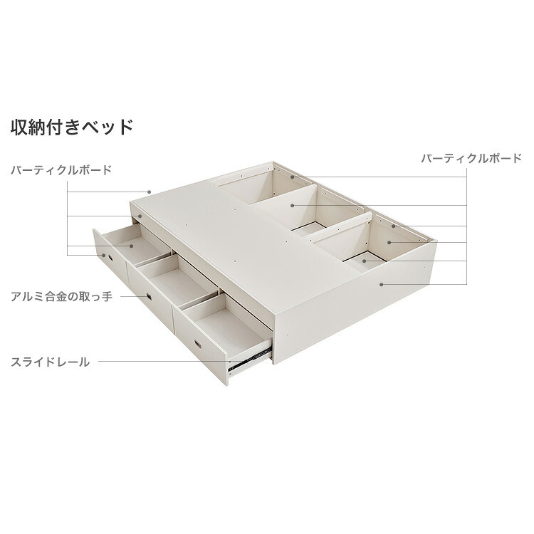 ホワイト 大容量収納付き 150cm ダブル フレーム