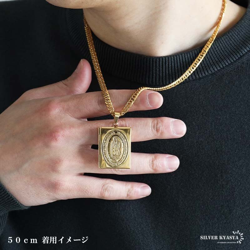 ステンレス ロケットネックレス HIPHOP ダブル喜平チェーンネックレス ロケットペンダント マリアネックレス 写真 記念 思い出 50cm 60cm 18KGP ゴールドネックレス シルバー 聖母 6面カット メンズ 男性 金属アレルギー対応