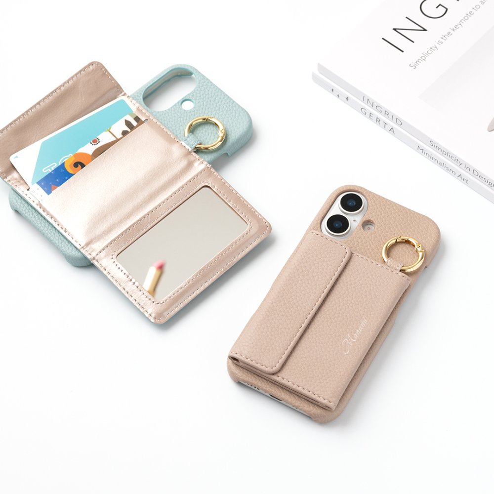 多機種対応 スマホケース まるっと 【 ミラー付き横開きマグネットカードケース 】 名入れ 鏡付き iPhone スマホケース カードケース くすみカラー 文字入れ