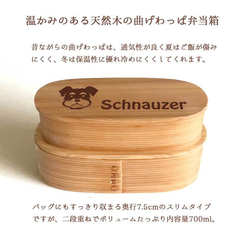 【WankoFace】 シュナウザー スリム入子型 曲げわっぱ 弁当箱  天然木 二段 わっぱ 木製 スリム オリジナル ミニチュアシュナウザー シュナ ミニシュナ 犬 ペット 動物 アニマル ホワイトデー