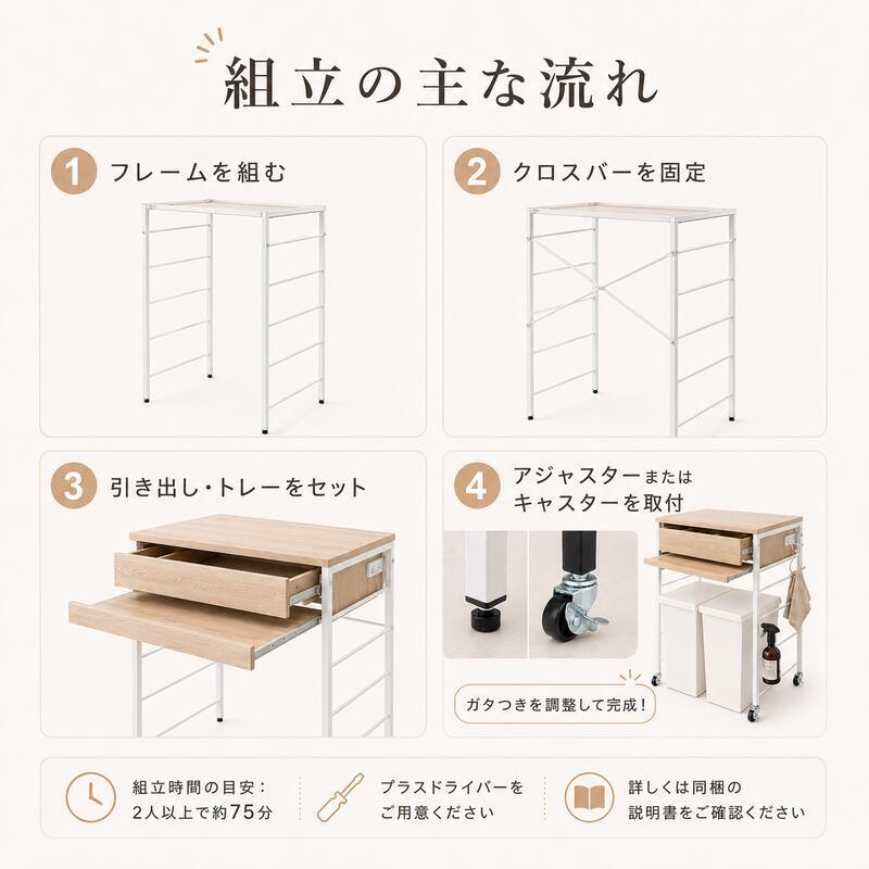 キッチンカウンター 幅75cm ゴミ箱収納 45L×3個対応 3分別 ダストボックス収納 レンジ台 作業台 高さ80cm 木目調 メラミン天板 キッチン収納 間仕切り おしゃれ ナチュラル グレー カウンターテーブル 省スペース キャスター アジャスター