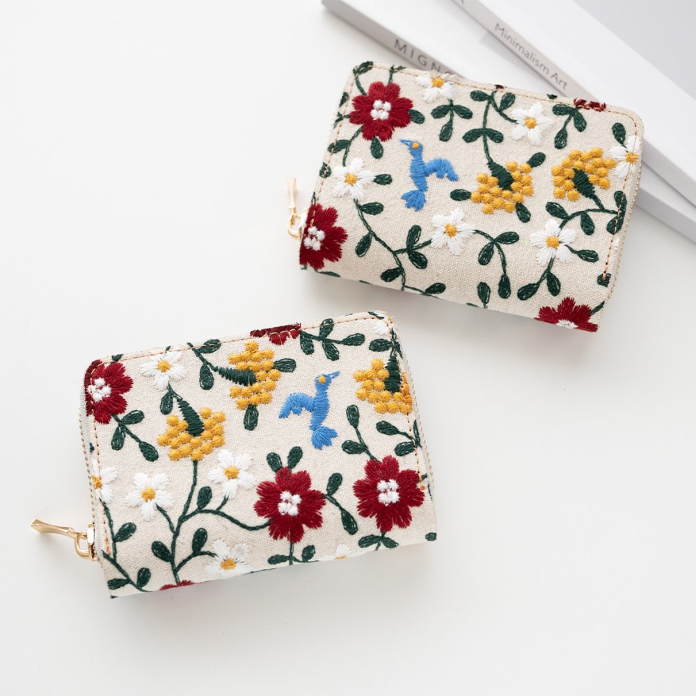 お札が折れない コンパクトウォレット 【 花と鳥 】 全面 刺繍 北欧風