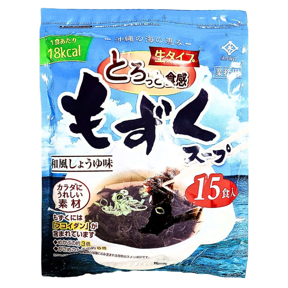 永井海苔 もずくスープ 15食入り 沖縄県産 もずくスープ (生タイプ) 和風しょうゆ味 乾燥ネギ付き #532557 食品ストック 温かいスープや冷たいアレンジレシピに ランチのお供　父の日の準備