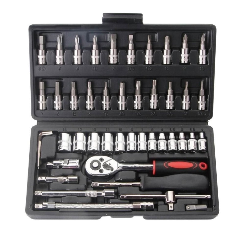 ソケットレンチセット 46pcs ラチェットレンチ 工具セット 1/4 (6.3mm) バイク 自転車 車 整備 自動車 修理 メンテナンス 六角 ソケット トルクス ビット スライドT型ハンドル エクステンションバー 携帯 車載工具
