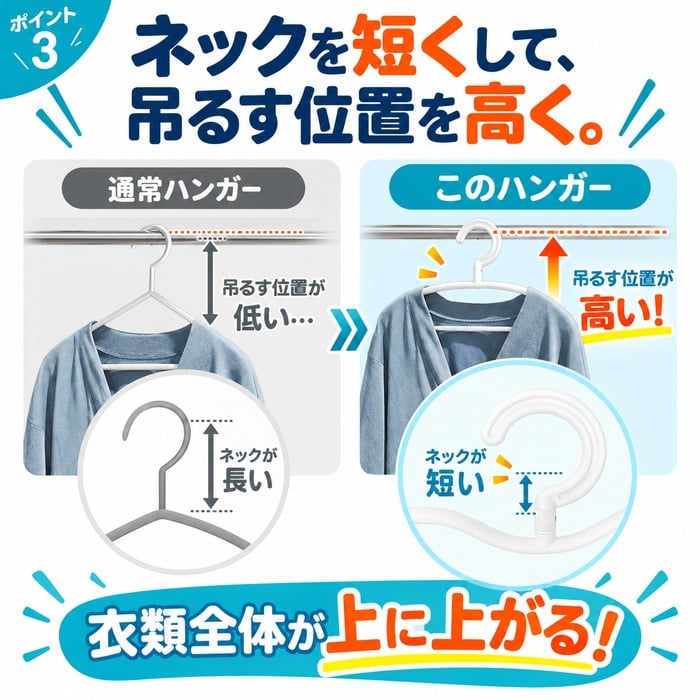 収納上手なショートネックハンガー4本組 / ハンガー 省スペース ショートネック 収納 衣類収納 クローゼット 押入れ 洗濯ハンガー シャツ パンツ コート 4本組 物干し / 吊り下げ位置を高くして収納も洗濯もすっきり 省スペースに使える便利なハンガー
