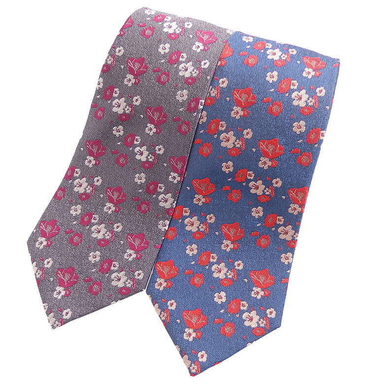 【富士桜工房】吹寄せ【冬】～椿・山茶花・梅～(グレー)・富士桜工房・日本製シルクジャカードの和風ネクタイ