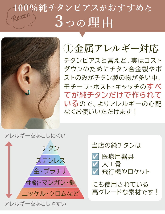 ピアス チタン フープ ハーフ 小さめ 純チタン 幅3mm×直径10mm 全8色 アレルギー対応 医療用 日本製 おすすめ メンズ レディース 片耳 1個 かわいい カラフル