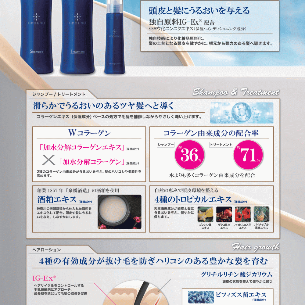 linolino（シャンプー300ml/トリートメント 300g/hair Growing Lotion 100ml）