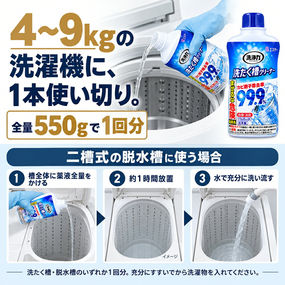 3個セット カビ胞子除去率99.9％ 洗たく槽クリーナー 550g 洗濯槽クリーナー 液体タイプ 日本製 ドラム式 縦型 黒カビ 除菌 消臭 生乾き臭 生乾き 入れるだけ ステンレス槽 プラスチック槽