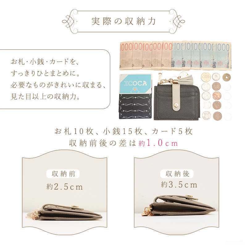ミニ財布 レディース 本革 牛革 ブランド 窓付き パスケース 定期入れ 推し活 写真入れ バイカラー タッセルチャーム付き フラグメントケース L字ファスナー 小銭入れ コンパクト シボ革 レザー ウォレット カード 収納 軽い 小さめ 女性 ギフト プレゼント Clelia クレリア Allegro アレグロ CL-13202