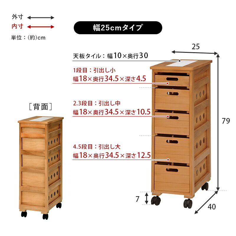 照明 ライト ストッカー 木製 幅20cm 引き出し5段 省スペース 天然木 木目 キッチン リビング 隙間収納 便利 食器 食品 調味料 小物収納 衣類 タオル 作業用 マルチ活躍 天板タイル 通気性 洗面所 脱衣所 完成品 キャスター付 移動楽々