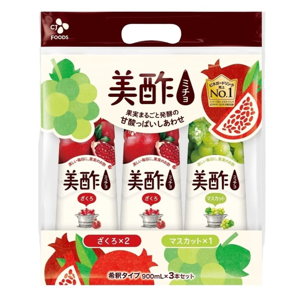 CJ FOODS　美酢（ミチョ）アソートセット　希釈用900ml x 3本　韓国製　100%果実発酵のお酢　調味酢（ざくろ　2本、マスカット 1本）?フラクトオリゴ糖使用　#80406　賞味期限:2026.12.16