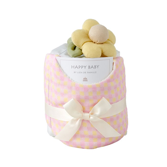 Lien de famille リヤンドファミーユ ギンガムチェックスタイとお花のラトル ベビーケーキ mini | おむつケーキ スタイ 日本製 Sサイズ おむつ よだれかけ ビブ おもちゃ