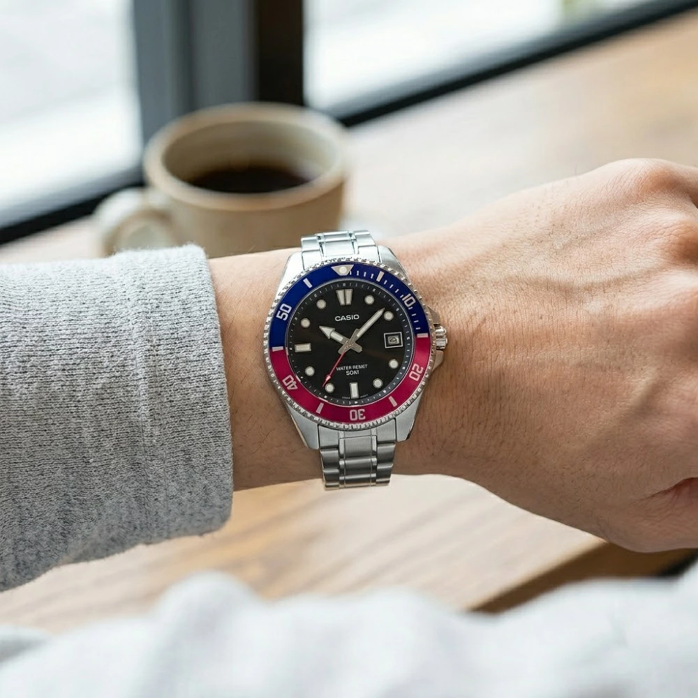 箱なし カシオ 腕時計 メンズ レディース ブラック シルバー ブルー レッド ペプシカラー 回転ベゼル 日付 アナログ CASIO 海外モデル 逆輸入 スポーツ プレゼント ギフト 成人 卒業 入学