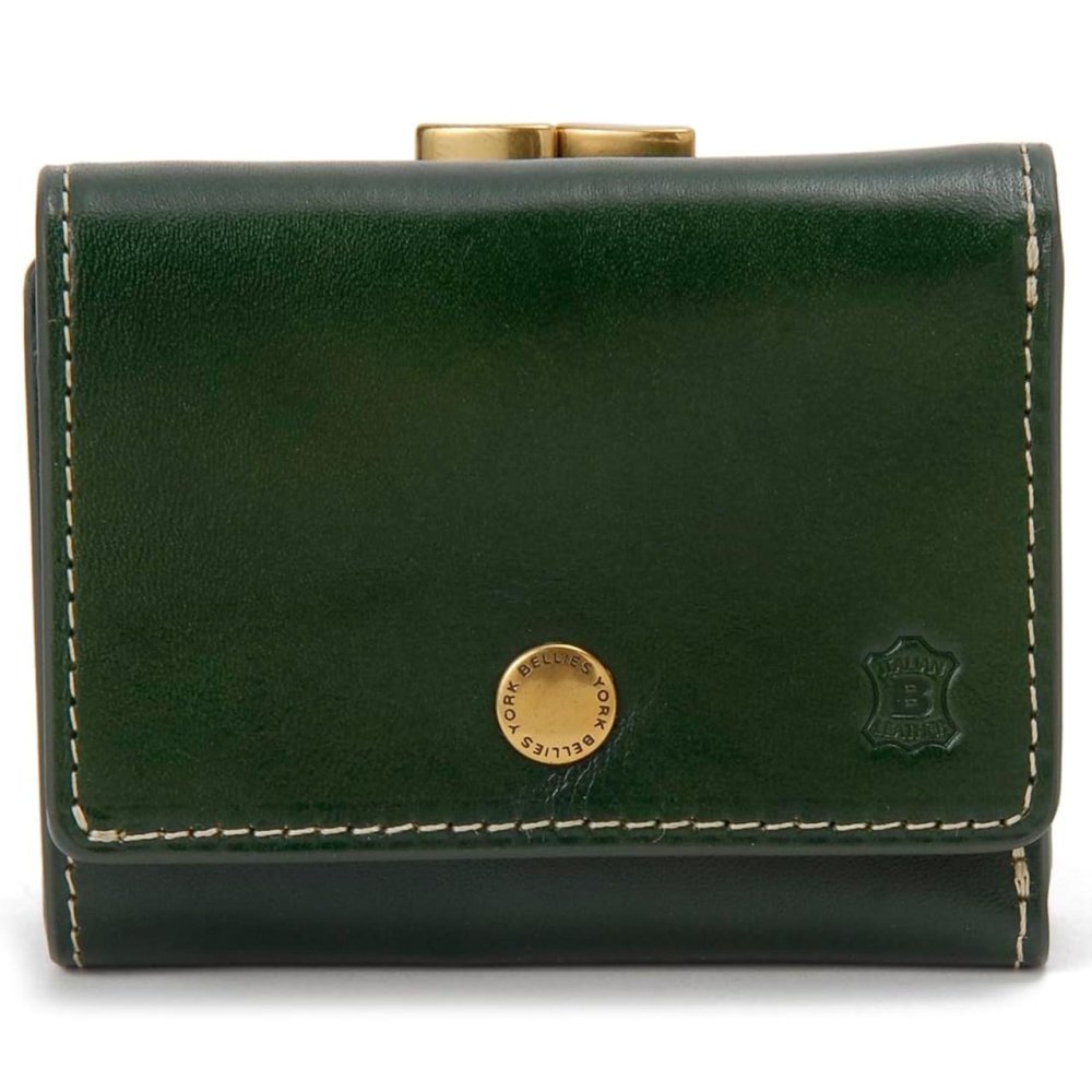 ベリーズヨーク　BELLIES YORK　三つ折り財布　ガマ口ポケット　BYTM1943GR　グリーン　緑色　ベジタブルタンニン　イタリアンレザー　牛革　”エイジングを楽しむ革小物”