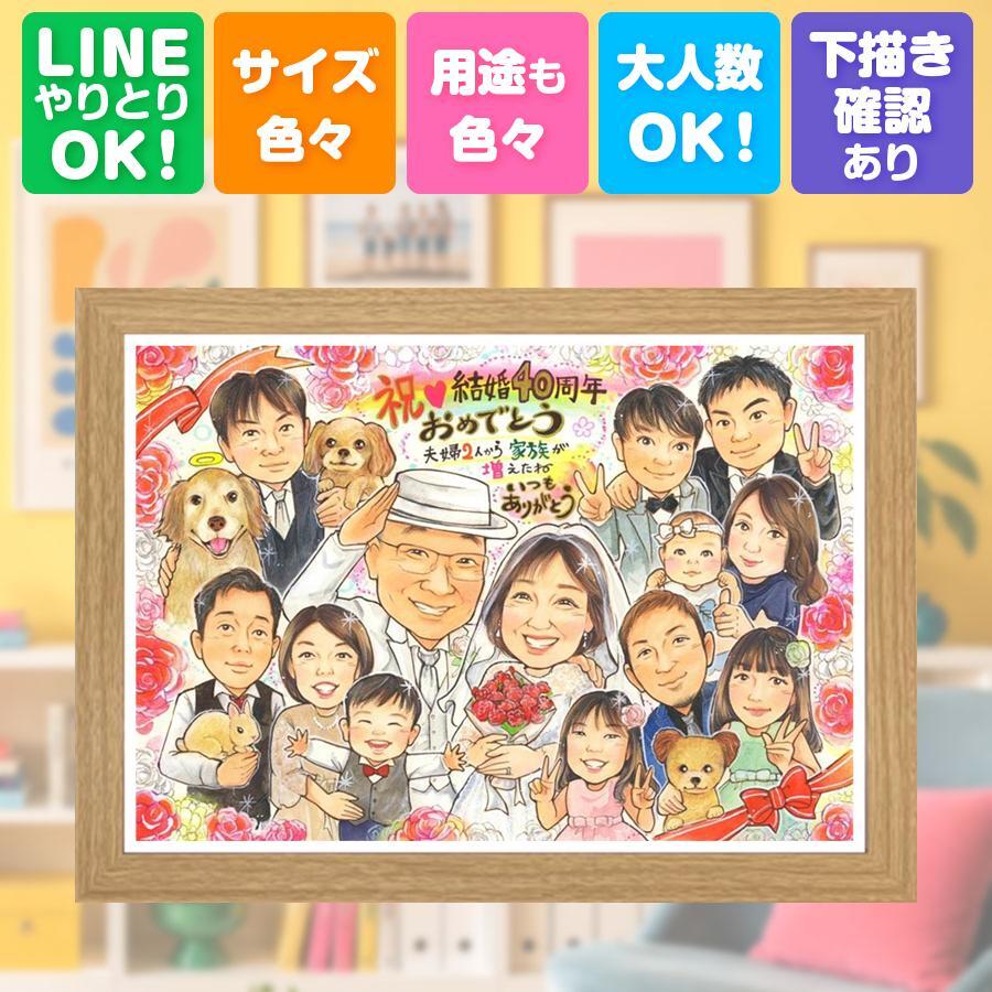 結婚40周年のお祝いに、ギフトにぴったりの似顔絵です。 似顔絵 プレゼント 結婚記念日 贈り物 手描き 名入れ ギフト 結婚40周年 ルビー婚式 記念 お祝い 大人数 ご夫婦 ご両親 家族 下書き確認 修正無料 名入れ 親孝行 似てる 一生もの 喜ばれる 40周年 感謝 宝物 ルビー婚式 一生もの 感謝の品 サプライズ 百寿祝い 結婚祝い 感激 お祝いの品 感動 キレイ おすすめ 大量注文 贈答品