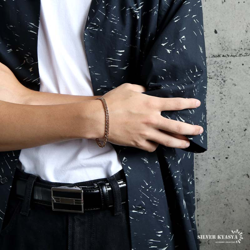 ステンレス 定番 ダブル喜平ブレスレット 幅5mm 細身 チェーンブレスレット メンズブレスレット 6面カット ピンク 細め シンプル 王道 中折れ式 存在感 男性 金属アレルギー対応