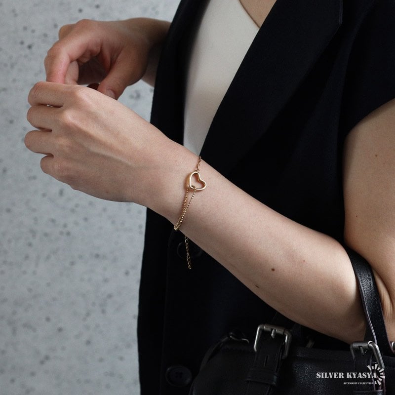 ステンレス 可愛い ハートブレスレット 切り返し チェーンブレスレット お洒落 華奢 細身 ゴールド 18KGP ボールチェーン リンク キュート シンプル ワンポイント レディース 女性 金属アレルギー対応