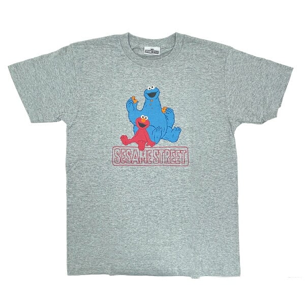 セサミストリート エルモ×クッキーモンスター ユニセックスTシャツ(S) フロッキーカラー グレー アパレル