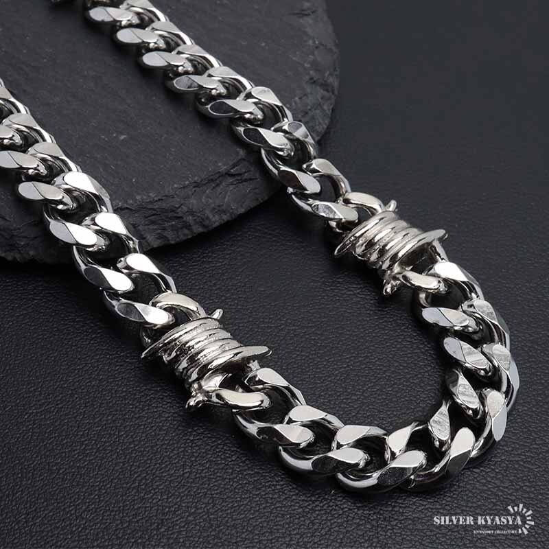 ステンレス 有刺鉄線ネックレス 6面カット 喜平チェーンネックレス オニハリバーブ シルバー 重厚感 個性的 メンズ 男性 金属アレルギー対応