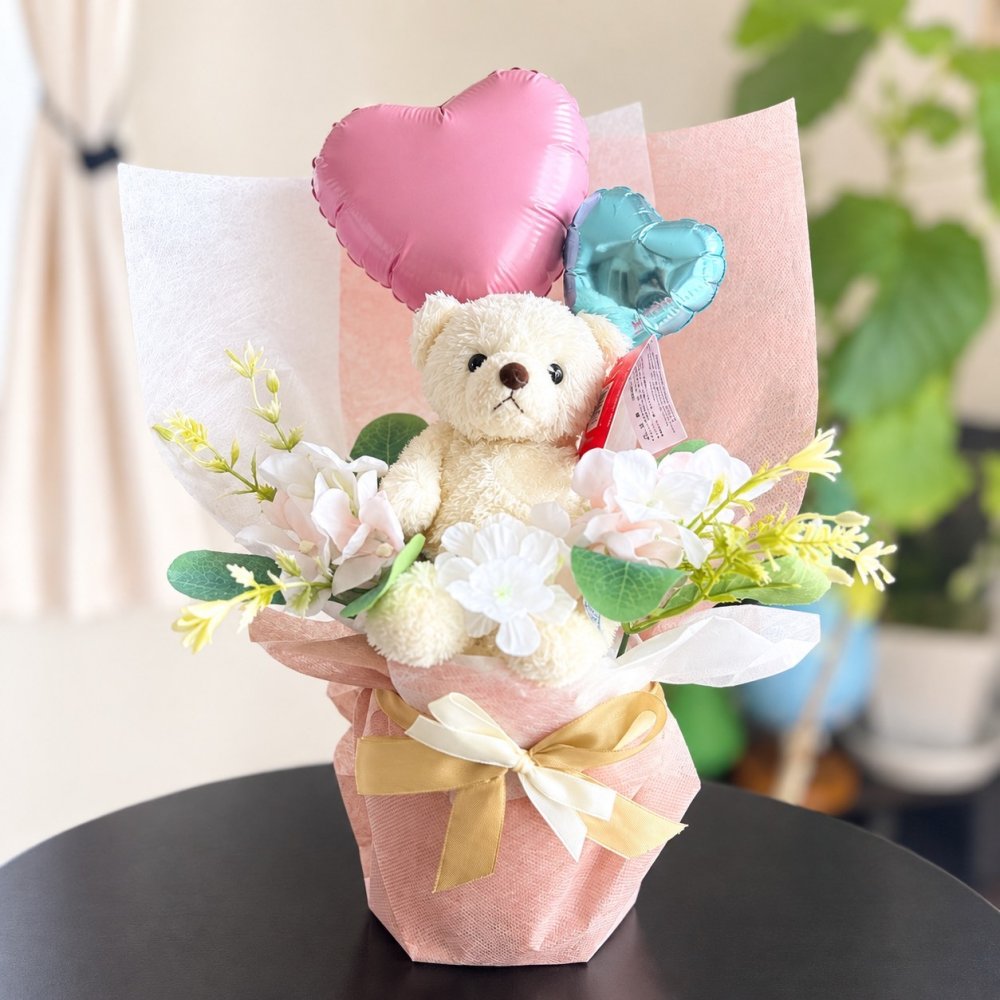 くま入り バルーンフラワーブーケ 花束 ハートバルーン ギフト 誕生日 プレゼント 発表会 卒業祝い 入学祝い 結婚祝い 記念日 女性 女友達 子供 お祝い ぬいぐるみ おしゃれ かわいい バルーンブーケ フラワーギフト ピンク ブルー ブラウン