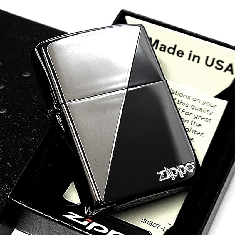 ZIPPO ライター かっこいい ブラック＆シルバー ジッポ ロゴ エッチング彫刻 銀差し ギフト 黒 銀 メンズ おしゃれ プレゼント