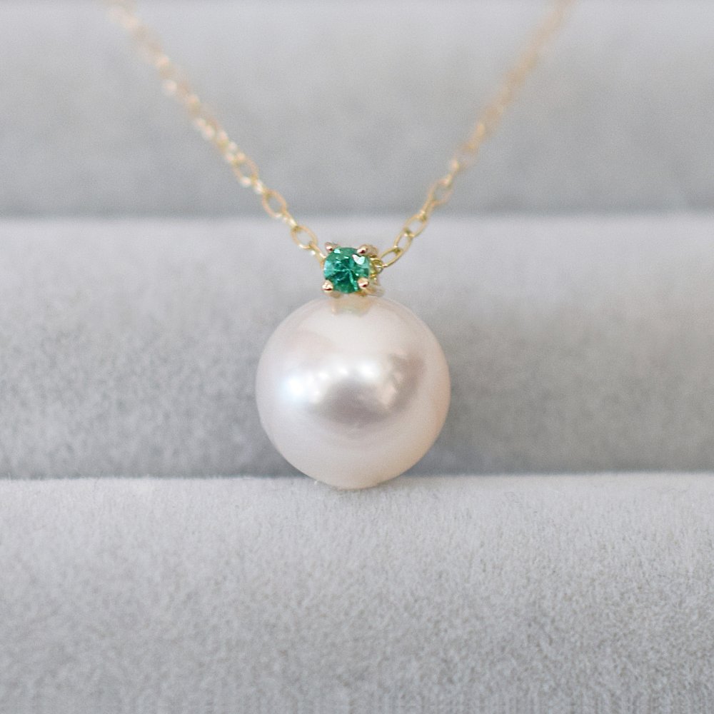［pearl601］8mm - 8.5mm ホワイトピンク ペンダント ネックレス 5月 誕生石 エメラルド あこや真珠