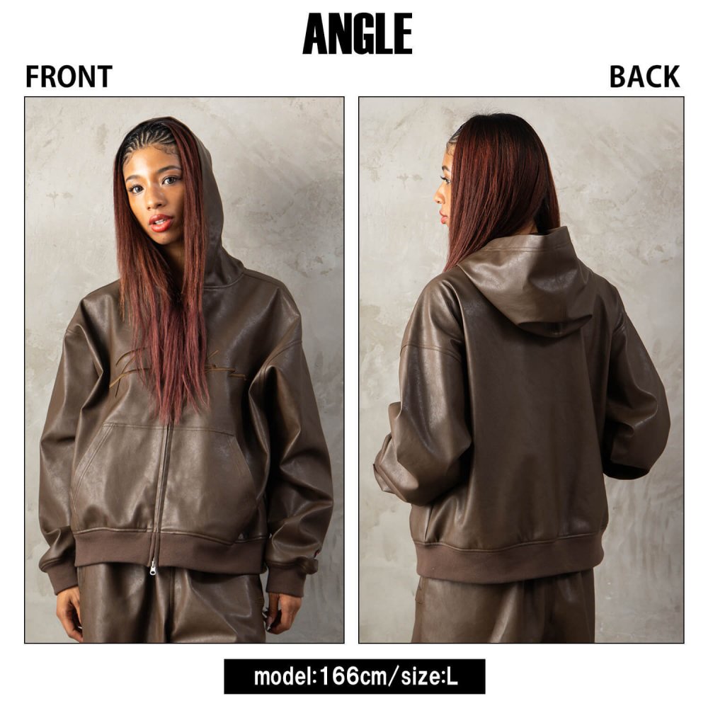 FUBU フブ レザージャケット メンズ レディース fam-62300 フェイクレザー ジップ フーディー パーカー ブルゾン 合皮 スクリプトロゴ 刺繍 ビッグシルエット ストリート ヒップホップ ダンス カジュアル M L XL XXL 2026FW Karlas