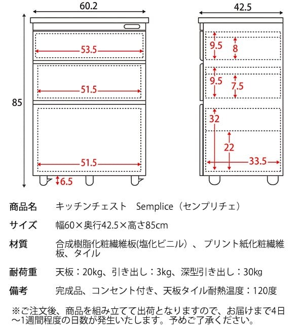 食器棚 キッチン収納 完成品 キッチンラック 宮武製作所 KC-206-K 幅60 Semplice センプリチェ ホワイト 白 引き出し 収納 天板タイル キャスター付 コンセント付 コンパクト おしゃれ 北欧 ナチュラル キッチンボード レンジボード