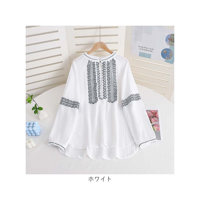 ブラウス 七分袖 通販 刺繍ブラウス シャツ スキッパーシャツ ボリュームスリーブ チュニック丈 綿 コットン コットンスラブ レディース 大人カジュアル おしゃれ かわいい ぽわん袖 七分袖ブラウス ゆったりサイズ 春夏服 レディースファッション プルオーバー