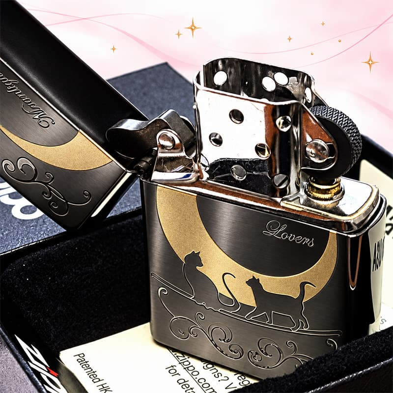 ZIPPO ライター ジッポ ネコ 猫 キャット ムーン 可愛い 三日月 ブラックニッケルサテン ムーンライトラヴァーズ ねこ 動画有り メンズ ギフト レディース プレゼント