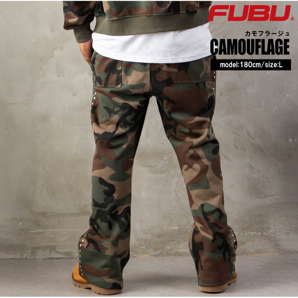 FUBU フブ フレアパンツ メンズ レディース fam-62507 スタッズ フレア スウェットパンツ ブーツカット イージーパンツ 迷彩 カモフラ 刺繍 スケート ストリート ヒップホップ ダンス カジュアル ボトムス M L XL XXL 2026FW Karlas