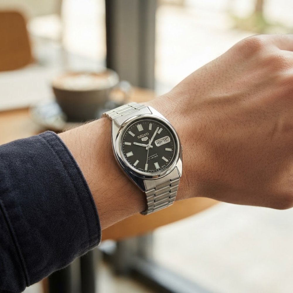セイコー5 腕時計 メンズ 自動巻き ブラック シルバー SEIKO 5 海外モデル 逆輸入 メタルベルト 曜日 日付 シースルーバック 機械式 誕生日 プレゼント ギフト 収納ケース付き 成人 卒業 入学