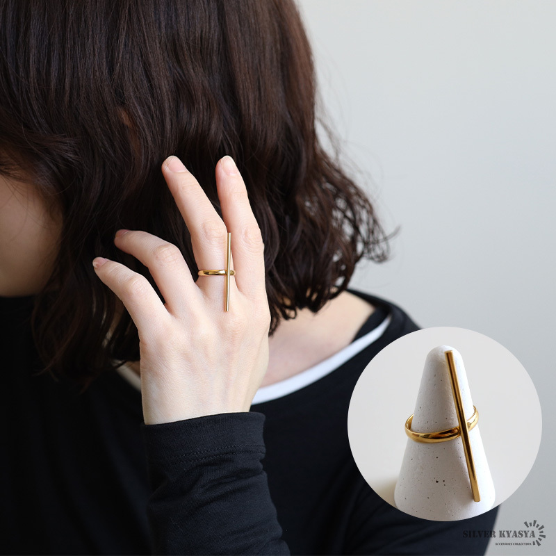 ステンレス スティックリング 2カラー バーリング 18KGP ゴールド gold シルバー 個性的 大ぶり オープンリング フリーサイズ レディース 女性 指輪 金属アレルギー対応