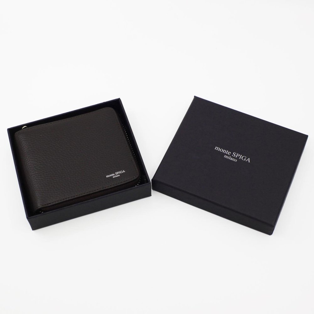 モンテスピガ　monte SPIGA　ラウンドファスナー二つ折り財布　MOSMSP701DBR　ダークブラウン　濃茶　シュリンクレザー　牛革　ジップアラウンド ウォレット