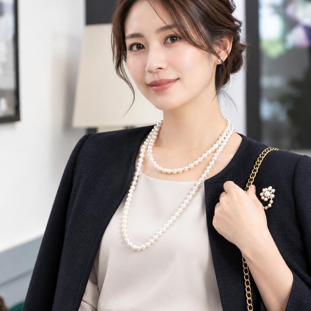 【永年保証キャンペーン×返品無料】ロングネックレス カジュアル 2連 パールネックレス ピアス イヤリング セット 8mm 120cm 貝パール ホワイト シルバーブラック ナチュラル 結婚式 フォーマル 七五三 入学式 プレゼント 日本製 送料無料 収納ケース付 真珠 Sakuya 卒業式