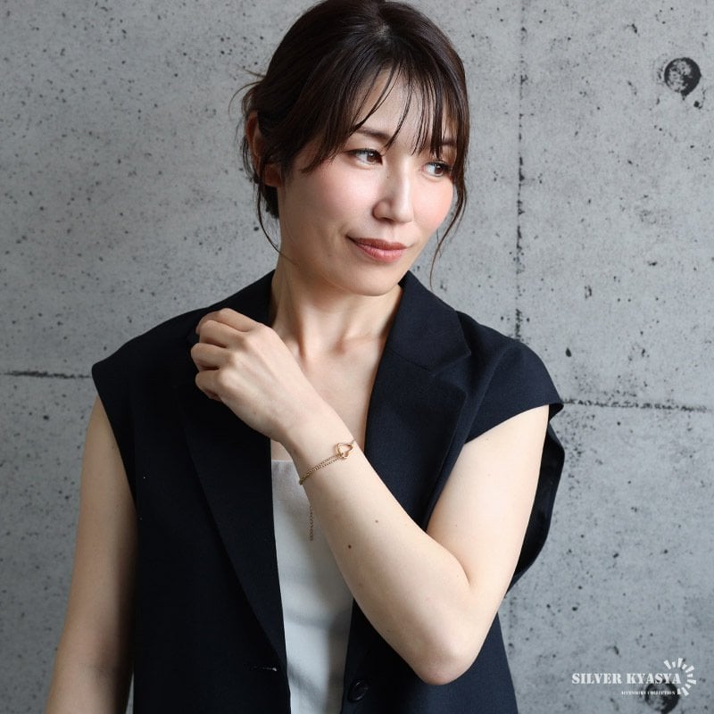 ステンレス 可愛い ハートブレスレット 切り返し チェーンブレスレット お洒落 華奢 細身 ゴールド 18KGP ボールチェーン リンク キュート シンプル ワンポイント レディース 女性 金属アレルギー対応