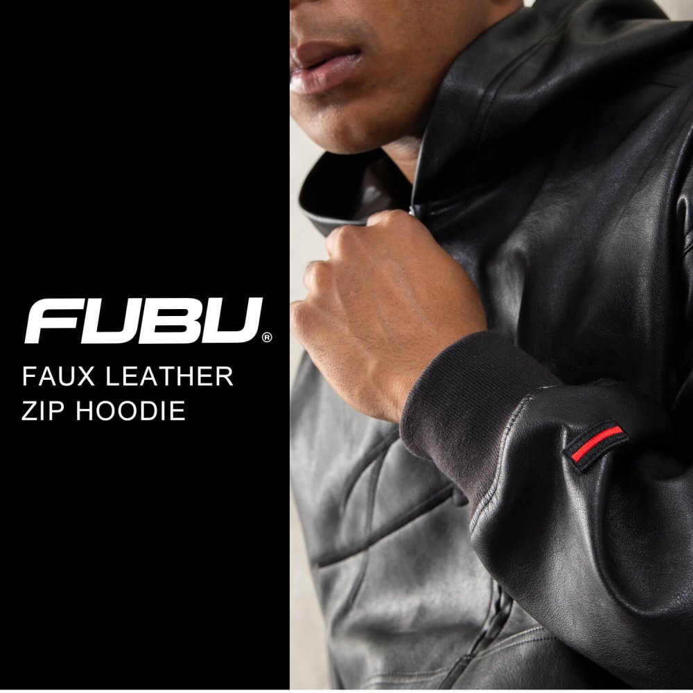 FUBU フブ レザージャケット メンズ レディース fam-62300 フェイクレザー ジップ フーディー パーカー ブルゾン 合皮 スクリプトロゴ 刺繍 ビッグシルエット ストリート ヒップホップ ダンス カジュアル M L XL XXL 2026FW Karlas