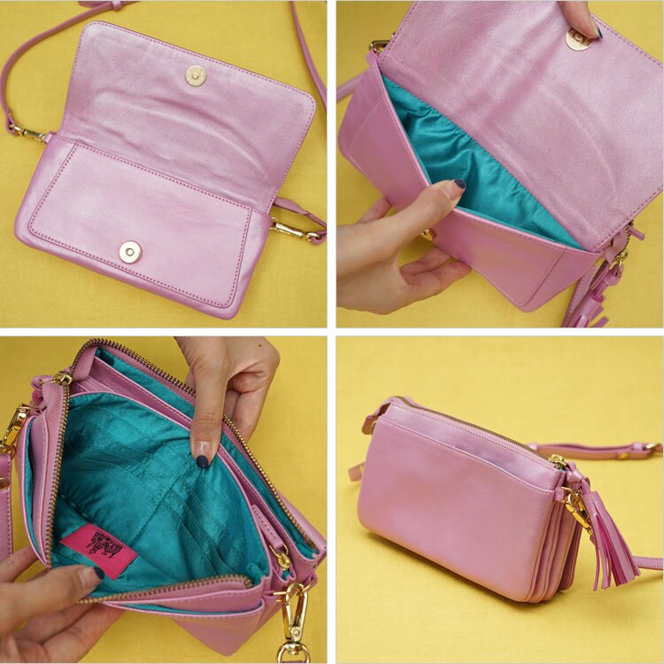 タマオワールド お財布ポシェット Student dormitory for outcasts Metallic pink ショルダーバッグ スマホショルダー 猫 ネコ ねこ パンダ チェロ 刺繍 羊革 SHO3508